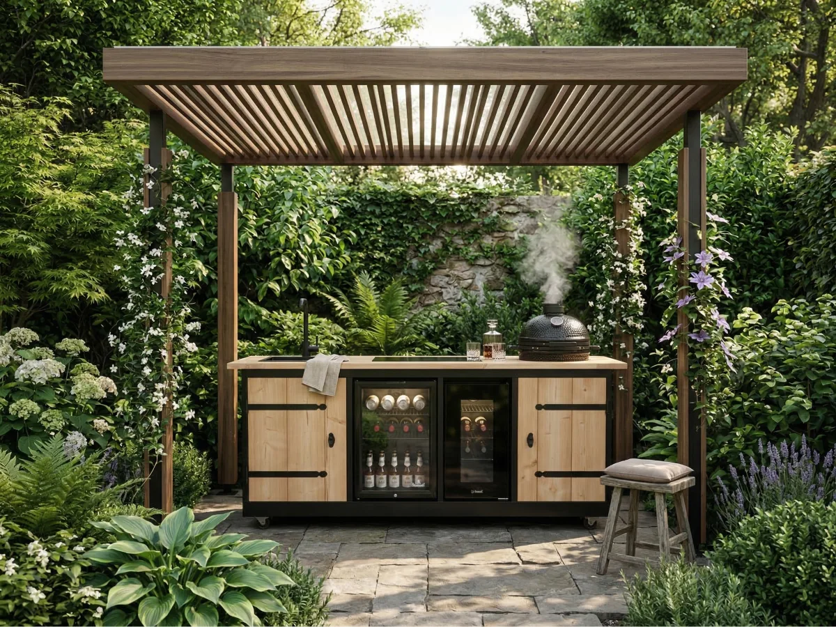 Buitenkeukendeal Marseille, Buitenkeuken Marseille met kamado onder een houten pergola in een groene tuin, recht van voren