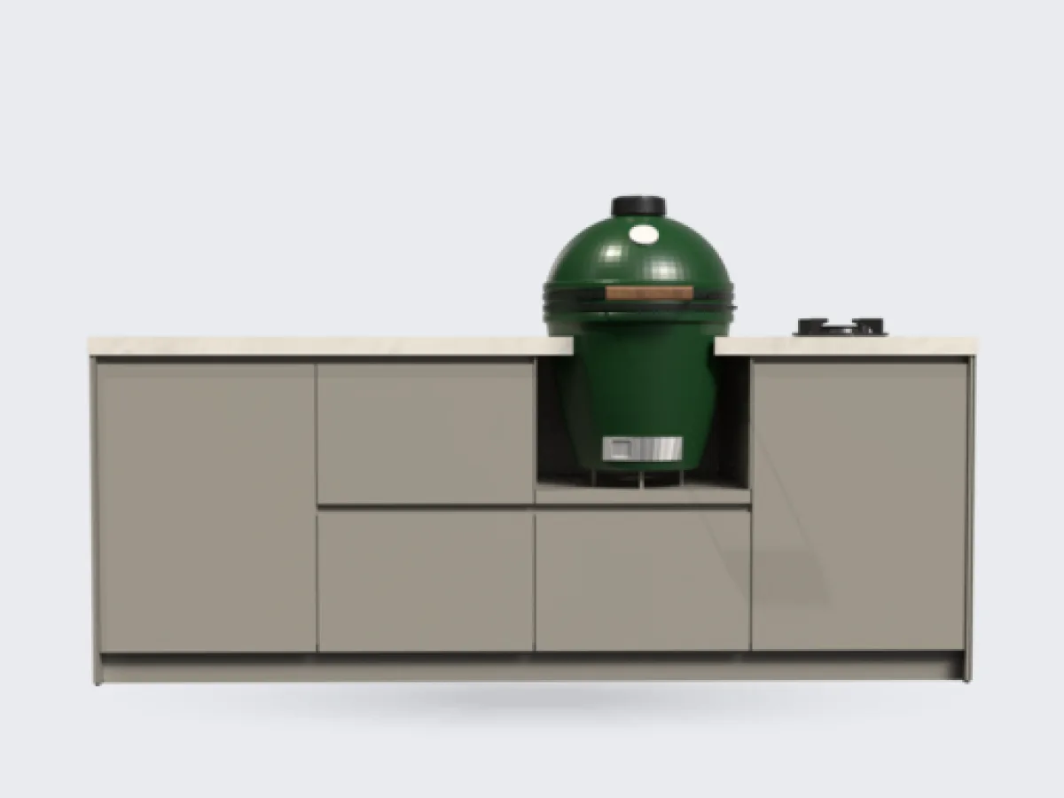 COOXS Concepts, Render van de Concepts Kamado 240 in basisuitvoering met Big Green Egg, recht van voren, transparante achtergrond (634 px breed, groter niet op de site)