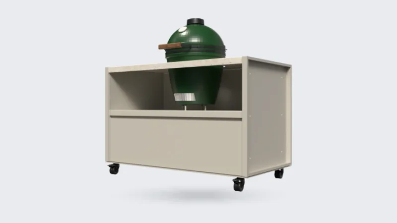 COOXS Core, Render van de Core Kamado op wielen met Big Green Egg, driekwart van linksvoor, transparante achtergrond (slechts 550 px breed, groter niet op de site)
