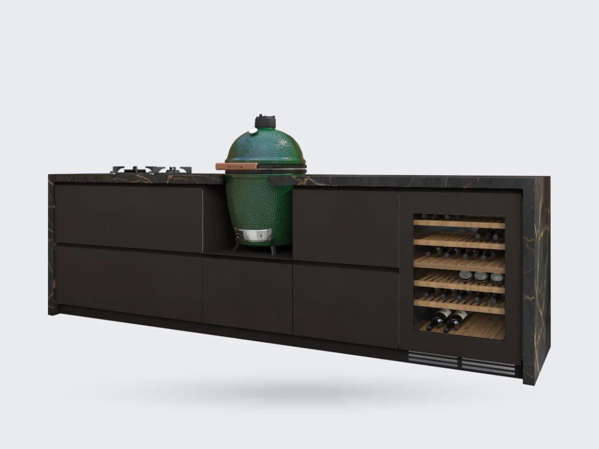 COOXS Create, Render van het Create maatwerkontwerp Extra genieten in donkerbruin met Big Green Egg, gaspitten en koelkast, driekwart van linksvoor, transparante achtergrond (1200 px breed, groter niet op de site)