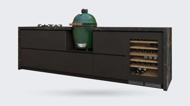 COOXS Create, Render van het Create maatwerkontwerp Extra genieten in donkerbruin met Big Green Egg, gaspitten en koelkast, driekwart van linksvoor, transparante achtergrond (1200 px breed, groter niet op de site)