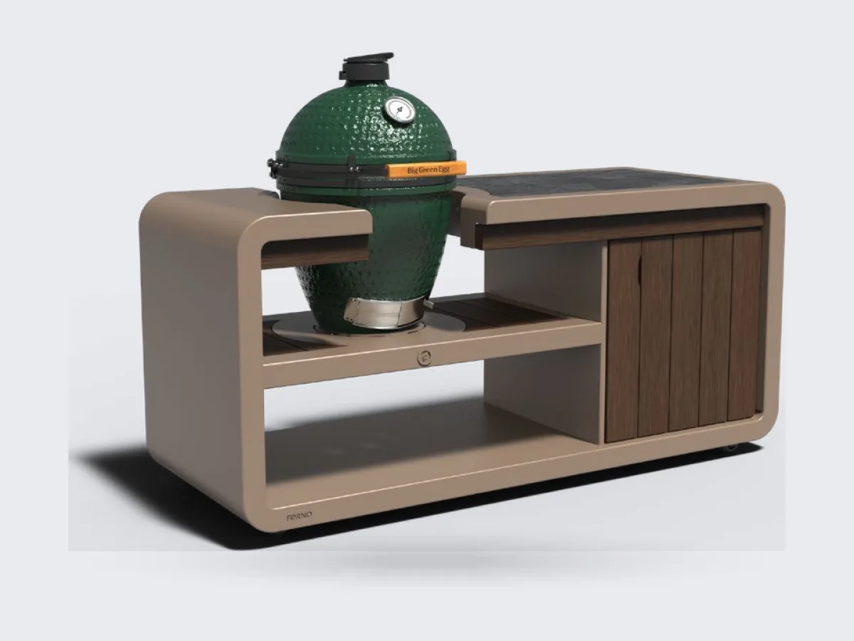 FORNO KAMADO station, Render van de FORNO KAMADO station in gepoedercoat aluminium met Big Green Egg Large, driekwart van linksvoor, transparante achtergrond