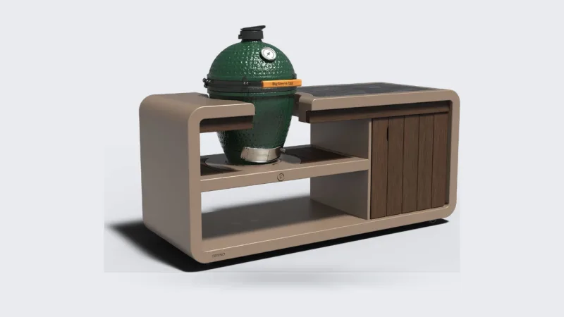 FORNO KAMADO station, Render van de FORNO KAMADO station in gepoedercoat aluminium met Big Green Egg Large, driekwart van linksvoor, transparante achtergrond