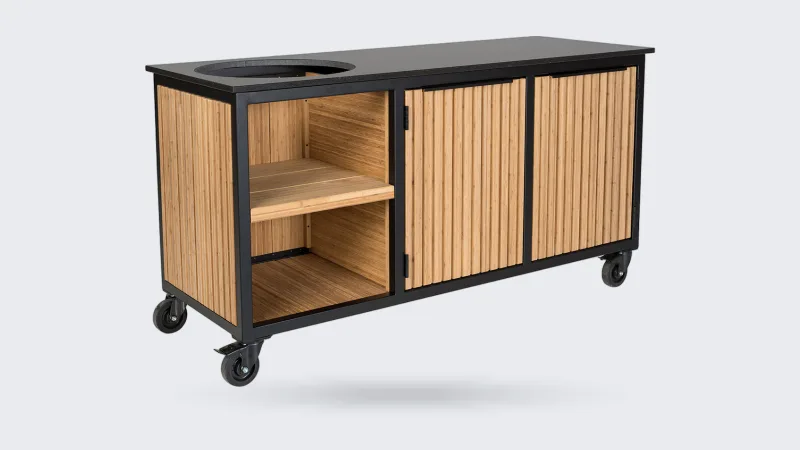 Fraaii Bamboo, Render van de Fraaii buitenkeuken Bamboo Natural Rhombus Inferno, driekwart aanzicht op witte achtergrond, met uitsparing voor de kamado (zonder kamado)