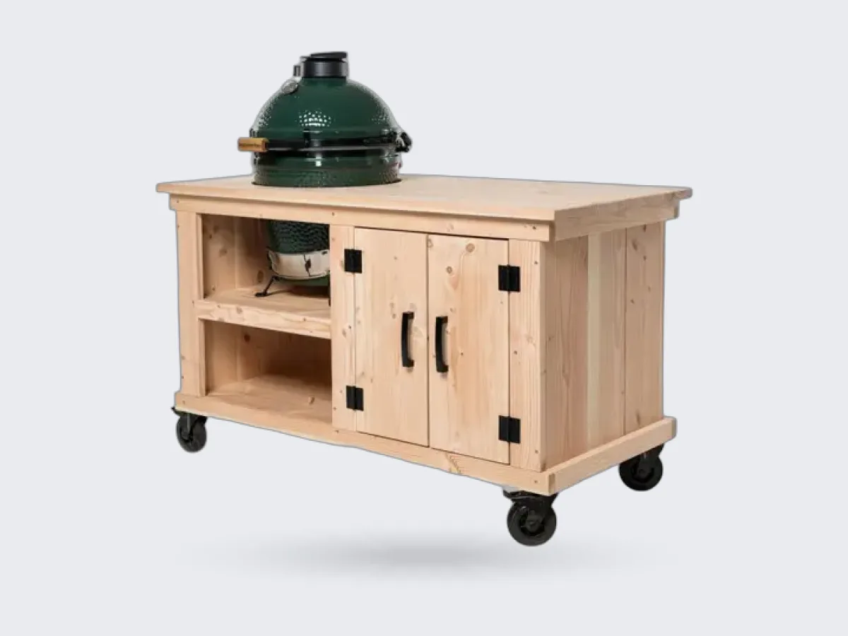Fraaii Douglas, Render van de Douglas Storage met houten werkblad en Big Green Egg, driekwart van linksvoor op wit (500 px breed)