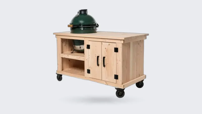 Fraaii Douglas, Render van de Douglas Storage met houten werkblad en Big Green Egg, driekwart van linksvoor op wit (500 px breed)