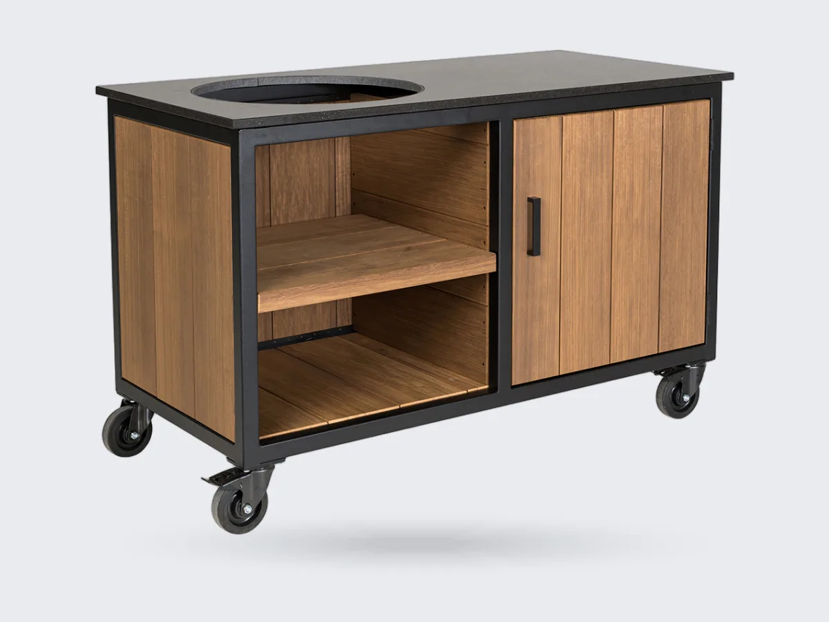 Fraaii Fraké, Render van de Fraaii buitenkeuken Fraké Storage, driekwart aanzicht op witte achtergrond, met uitsparing voor de kamado (zonder kamado)