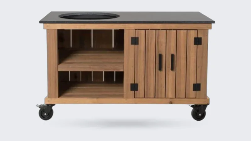 Fraaii Meranti, Render van de Meranti Storage met zwart werkblad, recht van voren op wit, zonder kamado (700 px breed)
