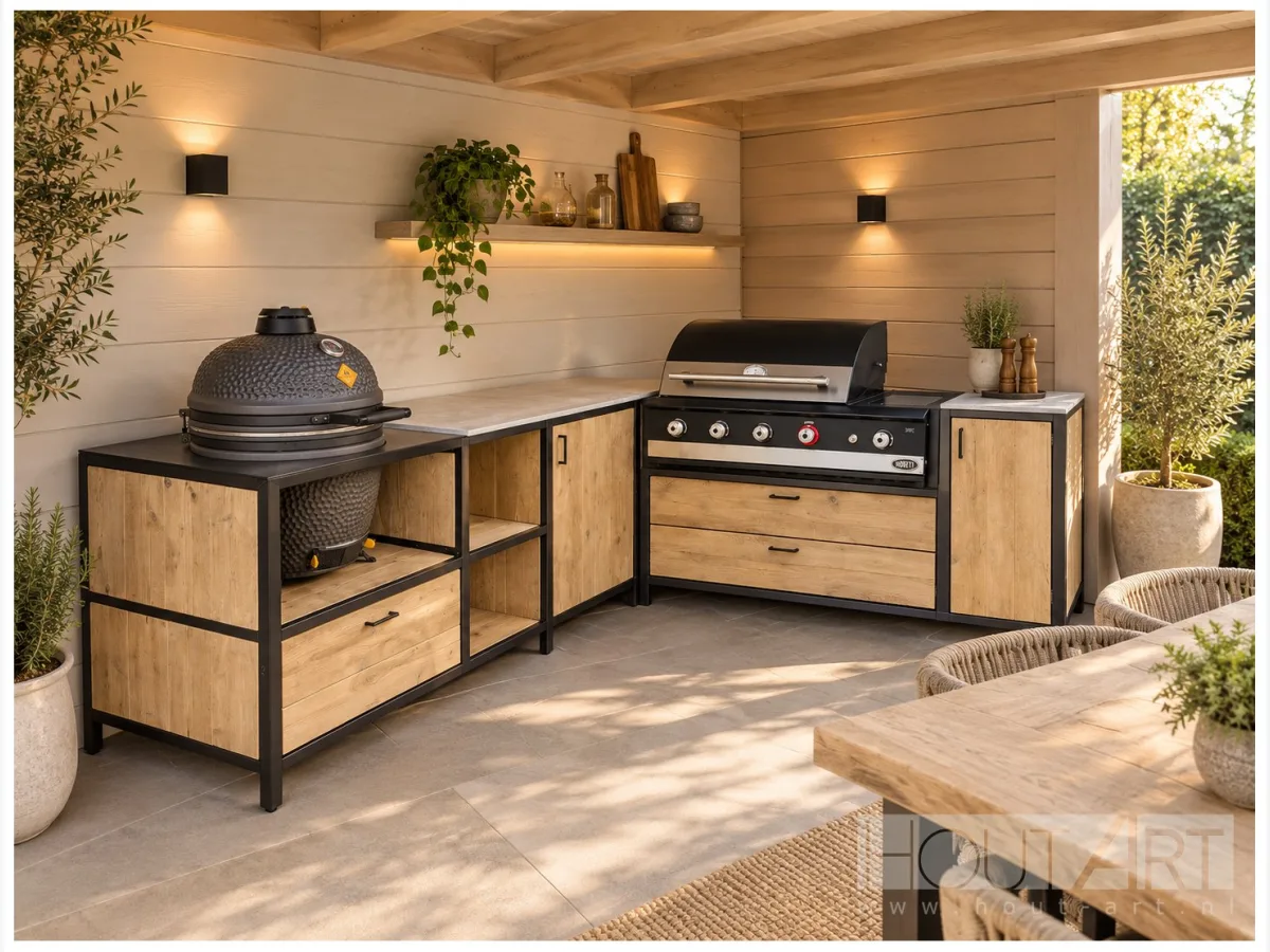 HoutArt L-vorm, Buitenkeuken L-vorm met stalen frame en steigerhout, kamado links en Boretti gasbarbecue rechts, onder een overkapping