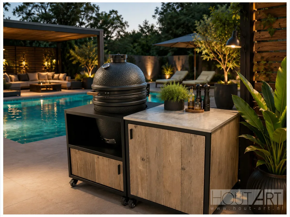 HoutArt Stalen frame, Buitenkeuken Luxe stalen frame met deur en kamado links, bij een zwembad in de avond