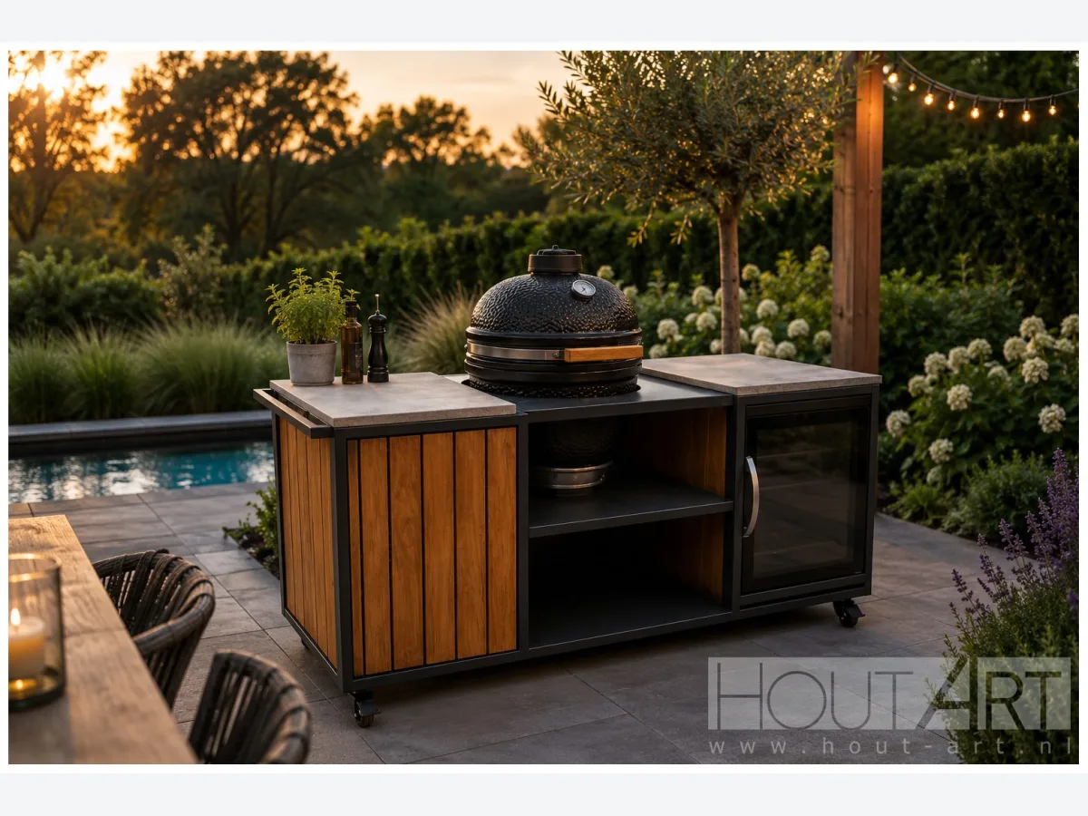 HoutArt Topline, Buitenkeuken Topline Dubbel Fridge met stalen frame, hardhouten latten, kamado en koelkast, driekwart van linksvoor bij een zwembad bij zonsondergang