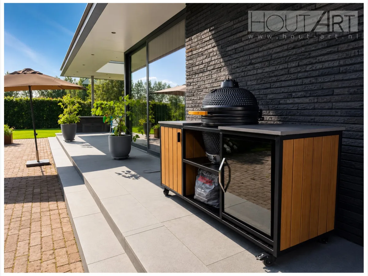 HoutArt Topline, Buitenkeuken Topline Dubbel Fridge met kamado en koelkast, driekwart van rechtsvoor op een terras bij een huis