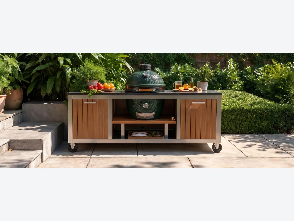 KamadoGo Verrijdbare buitenkeuken op maat, Render van een verrijdbare buitenkeuken met rvs frame, hardhouten fronten, Big Green Egg in het midden en open vakken, recht van voren op een terras (headerbeeld van de maker, 2560 x 1000 px)