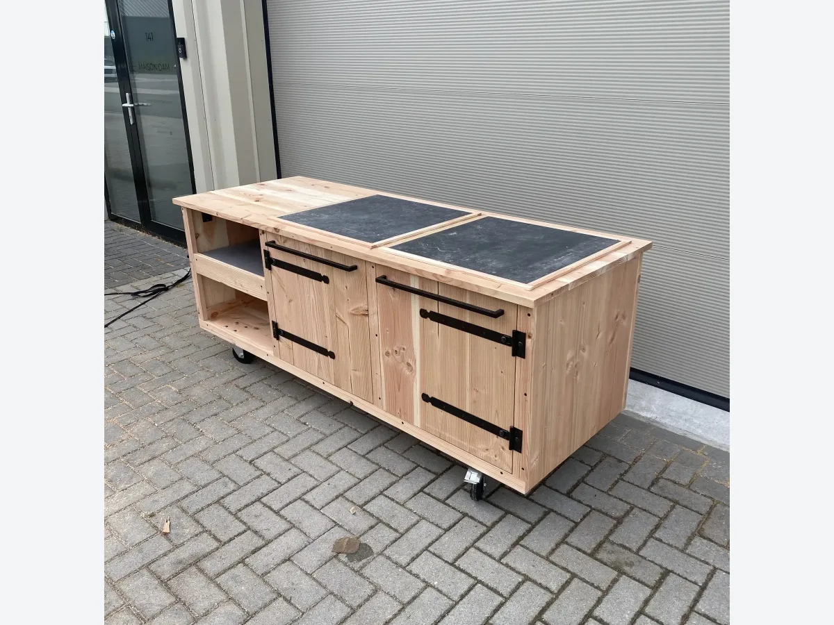 Maison DAM 3 delen, Buitenkeuken 3 delen Large van douglashout met drie keramische tegels en open kamadovak, zonder kamado, driekwart van rechtsvoor