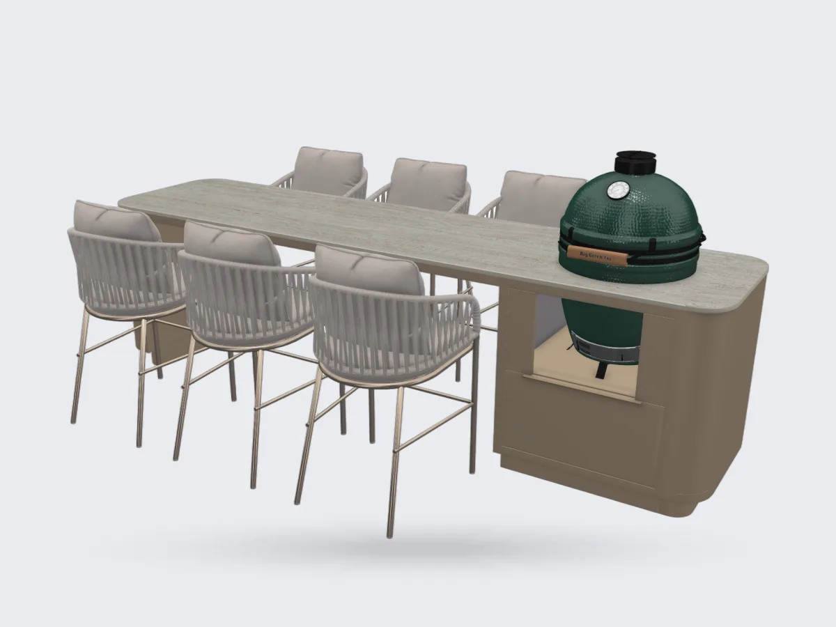 Rêveluxe Collection, Render van de Collection Bistrot Oval in taupe met Big Green Egg en aangebouwde tafel met zes stoelen, driekwart van linksvoor, witte achtergrond