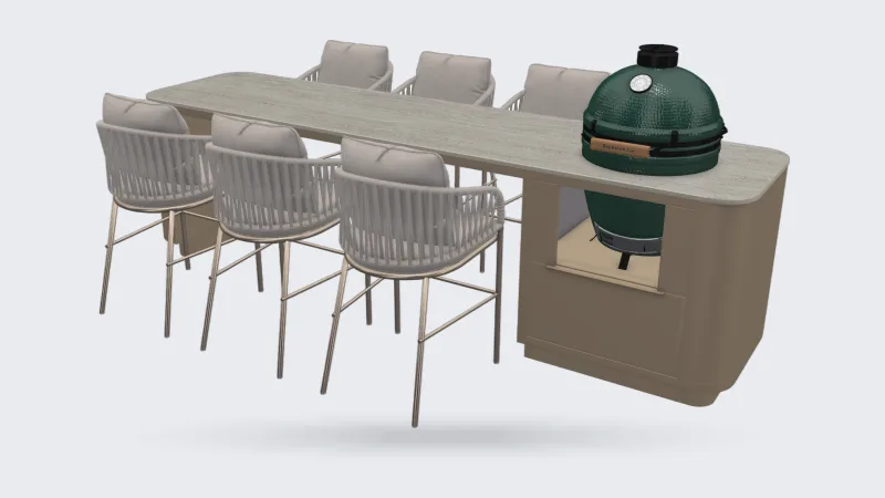 Rêveluxe Collection, Render van de Collection Bistrot Oval in taupe met Big Green Egg en aangebouwde tafel met zes stoelen, driekwart van linksvoor, witte achtergrond