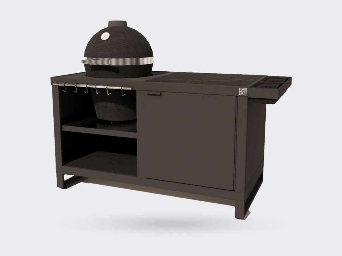 Roostr Rubix, Rubix Duo met kamado, houten deur en haken, render uit de configurator van Roostr