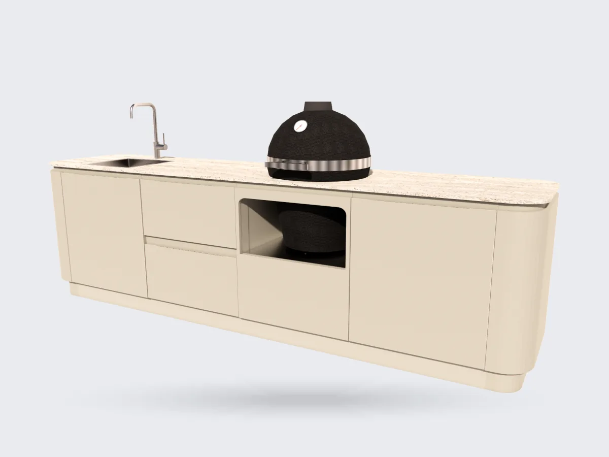 Roostr Wave, Wave met kamado en spoelbak, render uit de configurator van Roostr