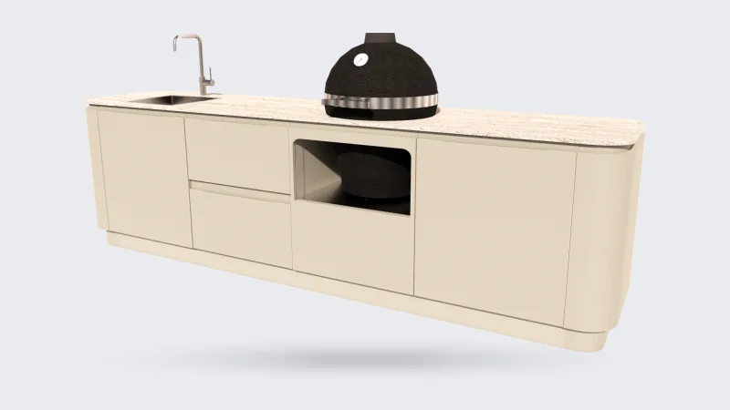 Roostr Wave, Wave met kamado en spoelbak, render uit de configurator van Roostr