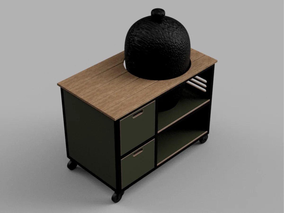 Studio RUUB Buitenkeuken staal en hout, Render van de buitenkeuken staal en hout met zwart stalen frame, olijfgroene ocoume kast, frake werkblad en zwarte kamado, driekwart van linksvoor op grijze achtergrond (977 px breed, grootste versie op de site)