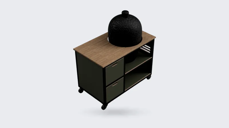 Studio RUUB Buitenkeuken staal en hout, Render van de buitenkeuken staal en hout met zwart stalen frame, olijfgroene ocoume kast, frake werkblad en zwarte kamado, driekwart van linksvoor op grijze achtergrond (977 px breed, grootste versie op de site)