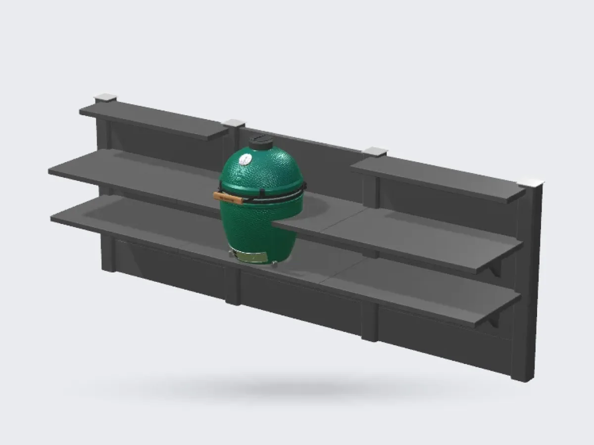 WWOO Beton, Configuratorrender van de WWOO betonnen buitenkeuken in antraciet met Big Green Egg, 800 pixels breed