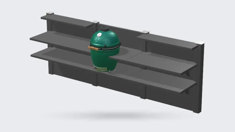 WWOO Beton, Configuratorrender van de WWOO betonnen buitenkeuken in antraciet met Big Green Egg, 800 pixels breed