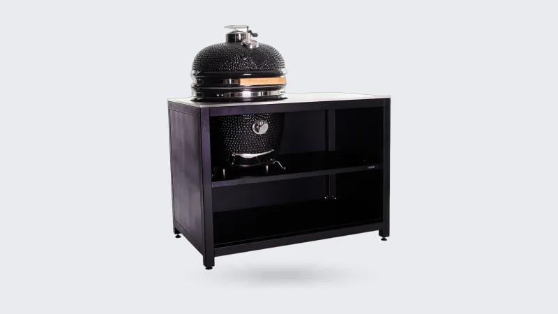 Yakiniku Luxe buitenkeuken, Zwart Yakiniku Luxe buitenkeuken frame 120x70 cm met 19 inch Yakiniku kamado in de uitsparing, vrijstaand op wit